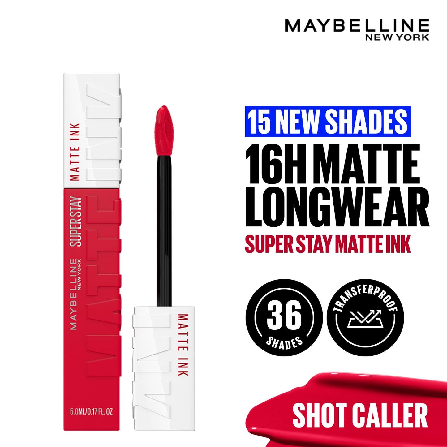Maybelline New York Superstay Matte Ink Liquid Lipstick, Shot Caller | No budge bold color for 16H | Transferproof, Waterproof, Foodproof | Brown skin friendly
