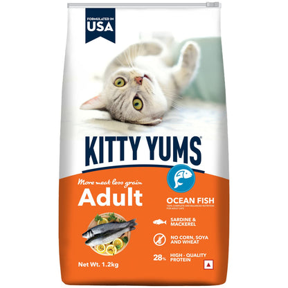 Kitty Yums Adult (+1 Year) Dry Cat Food 1.2kg Pack | Ocean Fish Flavour | Develop Strong Bones | Healthy Skin & Coat | Supports Digestive System | Maintains a Healthy Heart