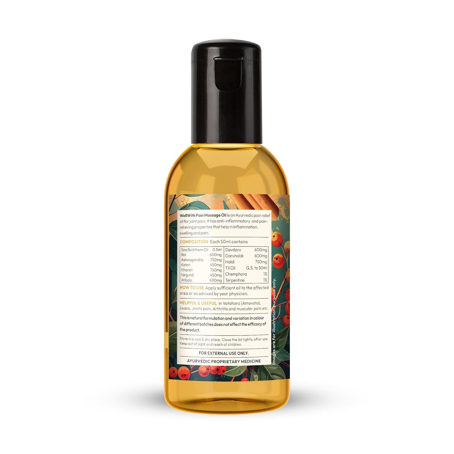 Wellwith(Ayuzera) Pain Massage Oil (50ml, Pack of 1) | Sea buckthorn oil, Bel, Ashwagandha, Til Oil, Daruhaldi, Camphor & Haldi | Supporting Easy Mobility, Fast-absorbing & Non-greasy & Ideal for Massages