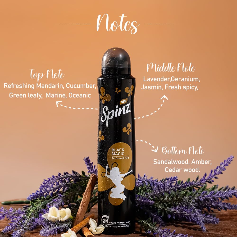 New Spinz Black Magic Perfumed Deo for Women, with International Fragrances for Long Lasting Freshness and 24 Hours Protection from Odour causing Bacteria, 200ml