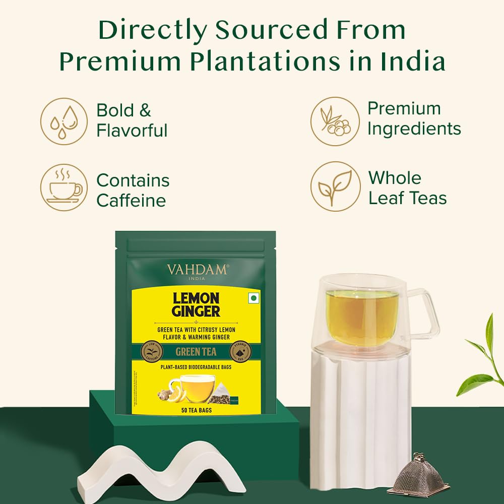 VAHDAM Lemon Ginger Green Tea - 50 TB | Boosts Metabolism & Supports Immunity | Ginger, Tulsi, Orange Peel & Black Pepper | Low Caffeine | Non-GMO