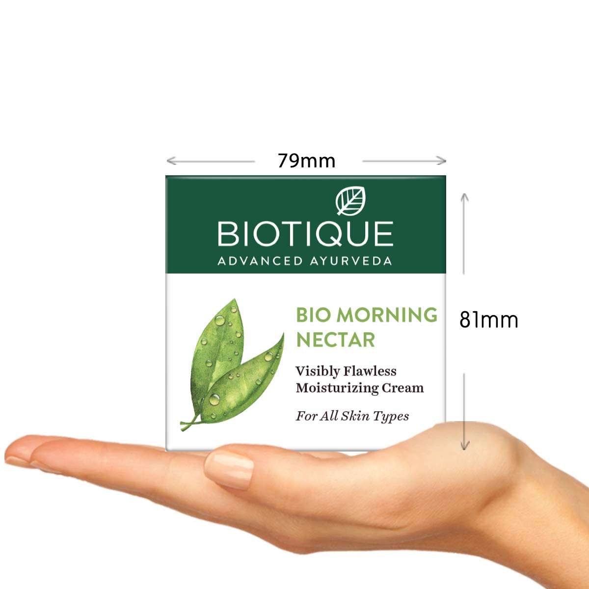 Biotique Bio Morning Nectar cream packaging held in a hand with dimensions indicated.