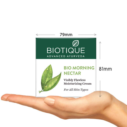 Biotique Bio Morning Nectar cream packaging held in a hand with dimensions indicated.