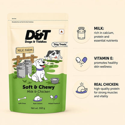 Dogs & Tiddles Milk & Real Chicken Dog Treats for Puppies & Adult Dogs, 100g | Soft & Chewy Puppy Treats | Easily Digestible and Healthy| Tasty Training Treats and Dog Snacks