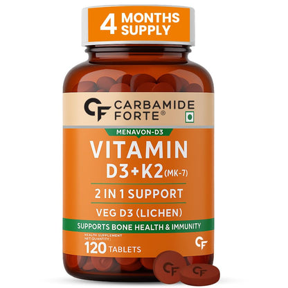 Carbamide Forte Vitamin D3 K2 Supplement | Vitamin K2 MK7 To Support Bone & Heart Health | Veg D3 - Lichen - 120 Tablets