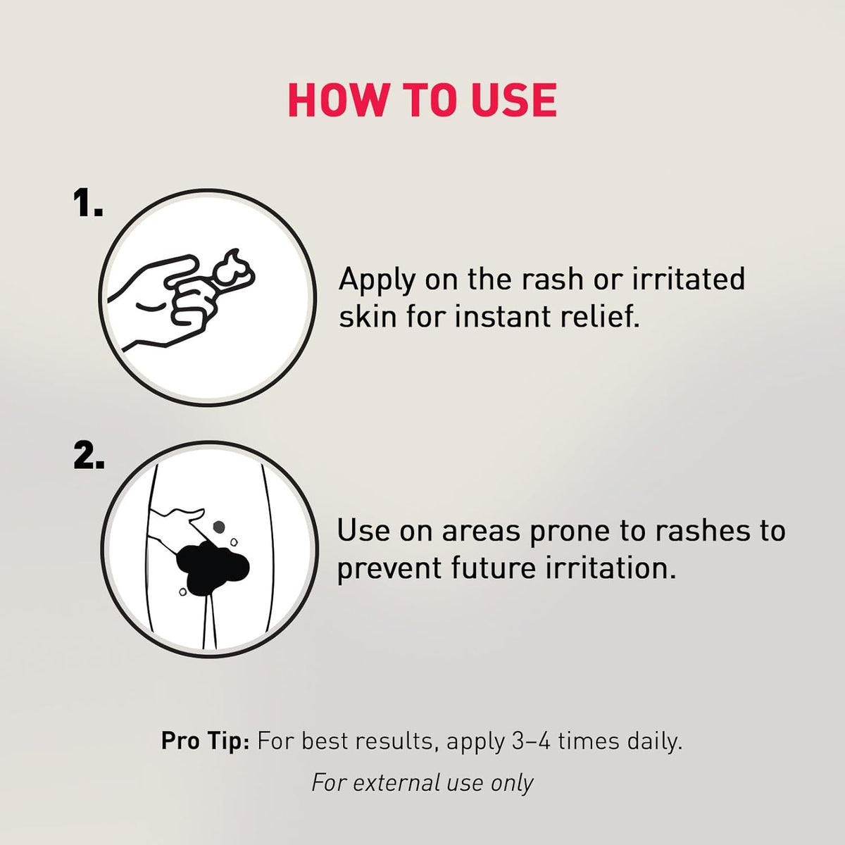 Instructions on how to use a product for rash relief on a light gray background