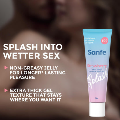 Sanfe Splash Strawberry Lubricant | For intercourse, anal lube, non-Greasy, water based personal lubricant, pH Friendly lube | use with toys, for women & men | Condom Friendly Personal Lube, 15gm