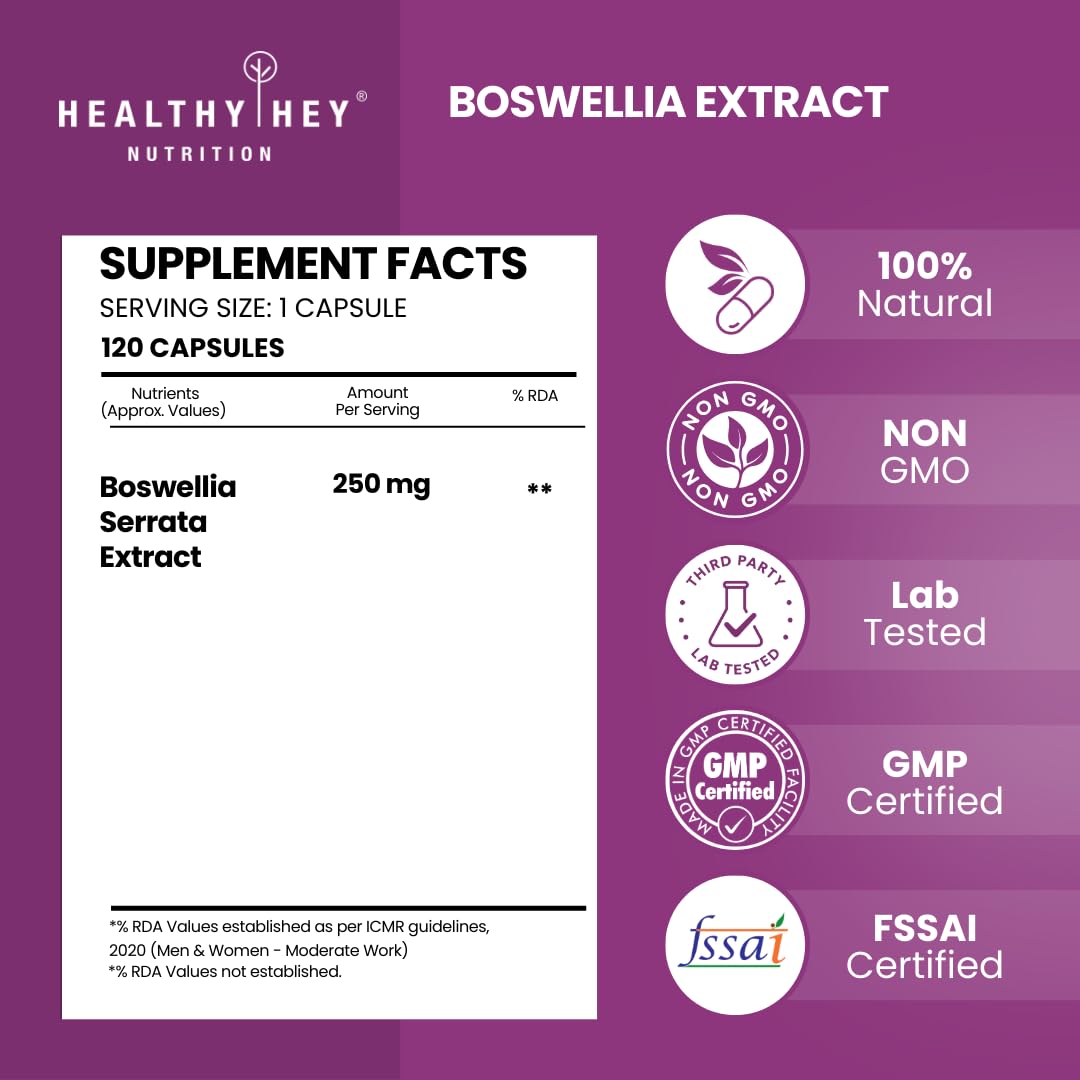 Boswellia Extract supplement facts label with Healthy Hey Nutrition branding on a purple background.
