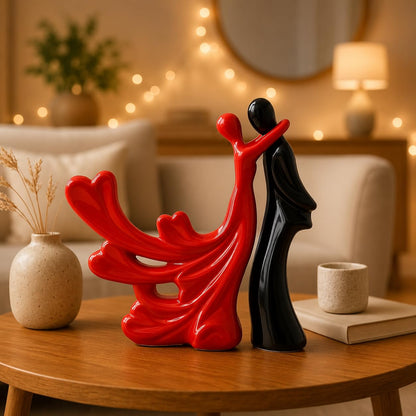 Xtore Passionate Lover Hugging Couple Figure | Beautiful Ceramic Home Decor Statue - (Set of 2, Red & Black)