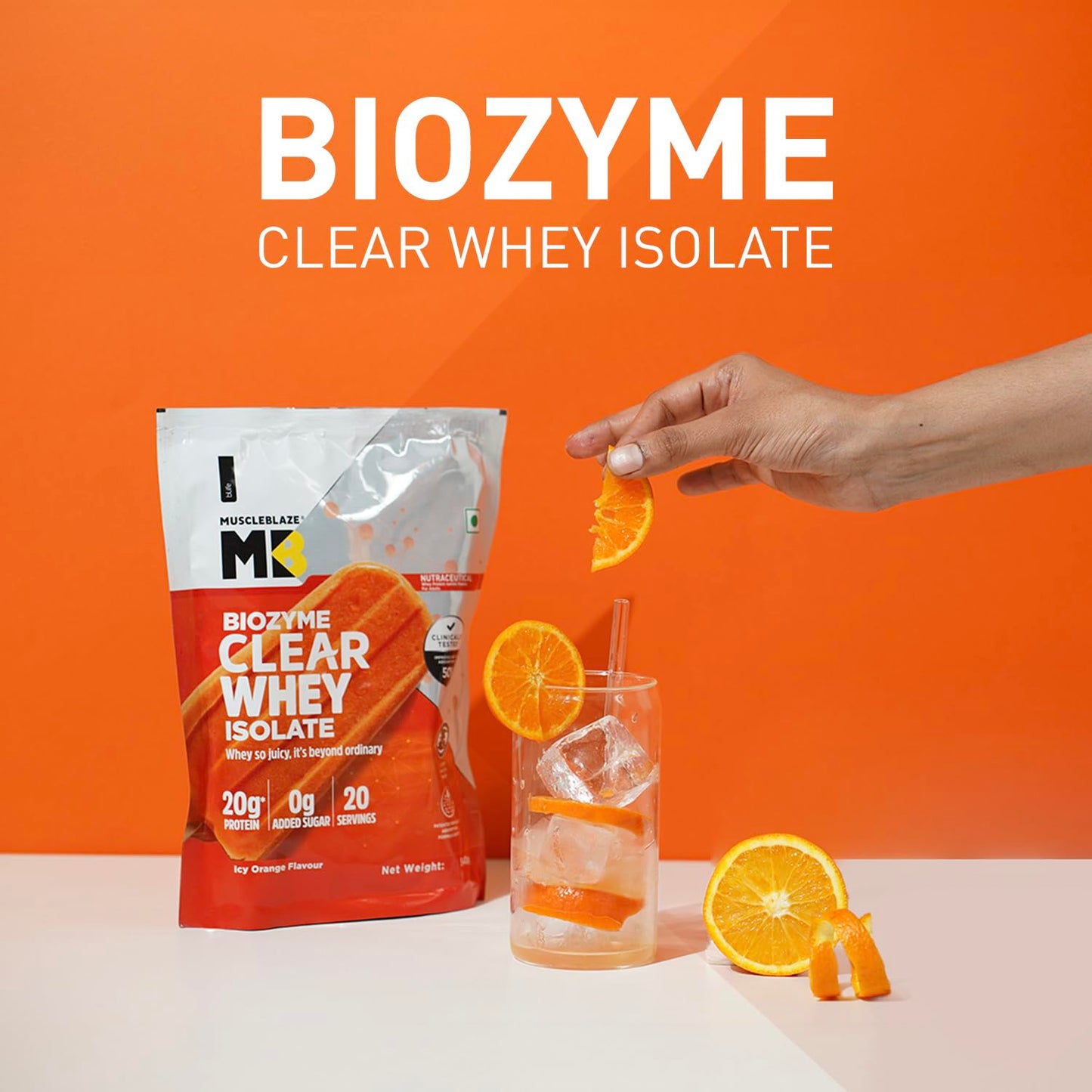 MuscleBlaze Biozyme Clear Whey Protein Isolate | 20g Protein, 92 Calories, Zero Added Sugar (Icy Orange Flavour, 20 Servings)