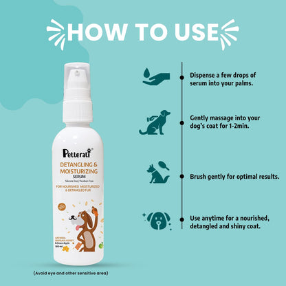 Petterati Detangling Serum for Dogs 100ml | Anti Frizz, Shiny & Brush-Friendly Coat | Silicon - Free | for All Dog Breeds | Enriched with Natural Oils & Extracts