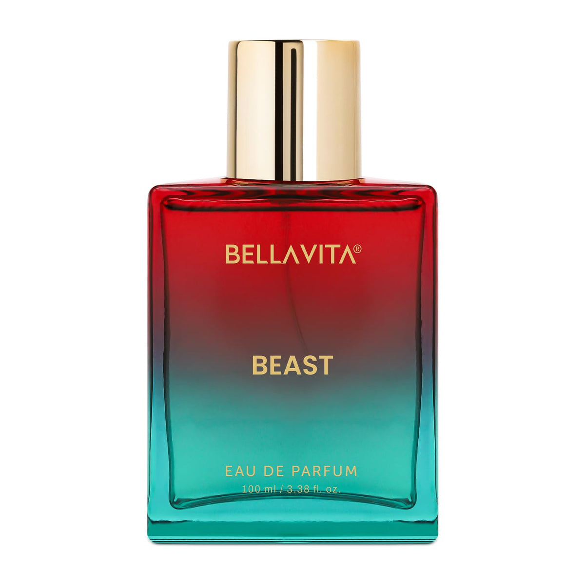 Bellavita Beast perfume bottle with gradient red to blue design on a white background