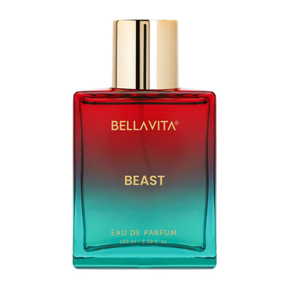 Bellavita Beast perfume bottle with gradient red to blue design on a white background