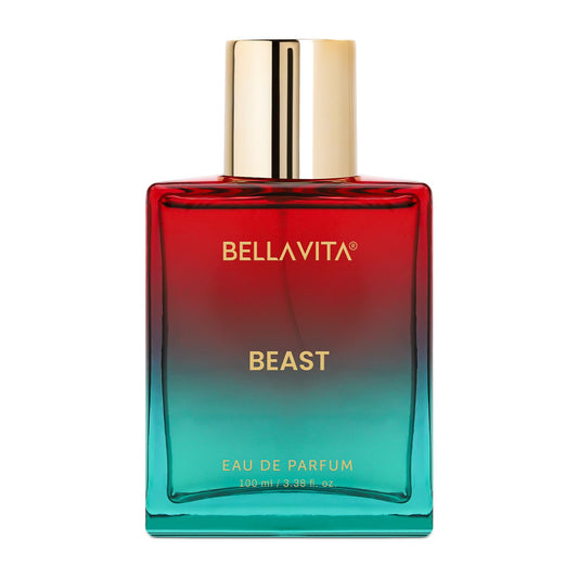 Bellavita Beast perfume bottle with gradient red to blue design on a white background