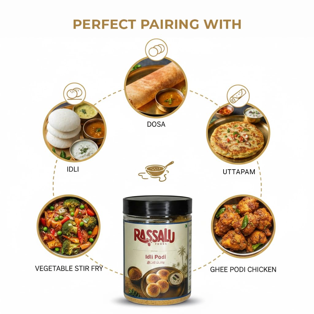 Rassalu Foods Traditional Andhra Idly Podi 150g | Milagai | Idli Dosa | Gun Powder | Spiced Lentil Chutney Powder | Breakfast | Travel Friendly | No Preservatives