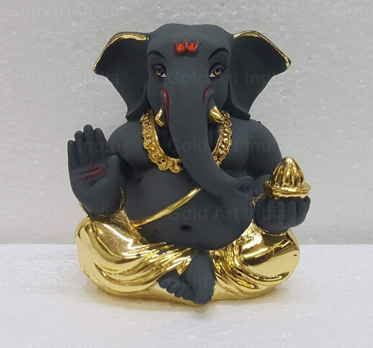Gold Art India Gold Plated Appu Ganesha Grey Finish Ganesh Idol for Car Dashboard Small Ganesha Murti Ganpati Idol for Home Decor Puja Lord Ganesh Statue Gift for Office Desk Puja Room Figurine