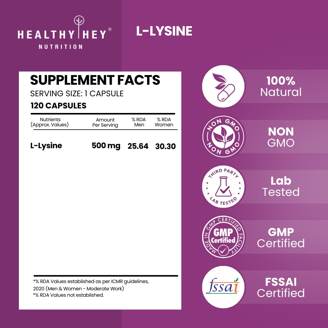 Supplement label for L-Lysine by Healthy Hey Nutrition with certification logos on a purple background.