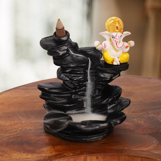 Multicolor Lord Polyresin Ganesha Idol Statue with 8 Incense Smoke Backflow Fountain Cone Incense Holder | for Return Gift, Table, Home Decorative Showpiece Item