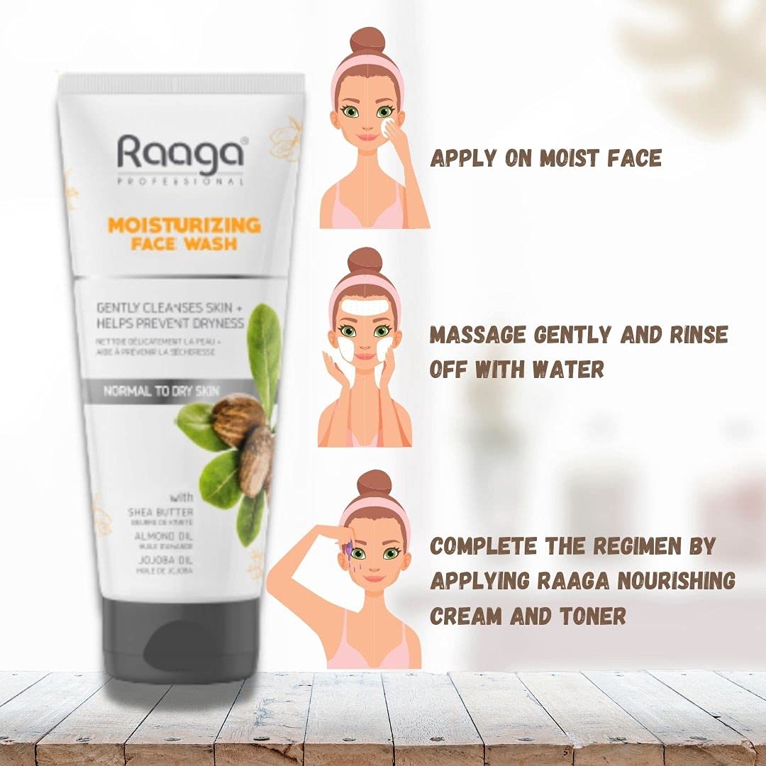 Raaga Moisturizing Face Wash tube with usage instructions on a wooden surface