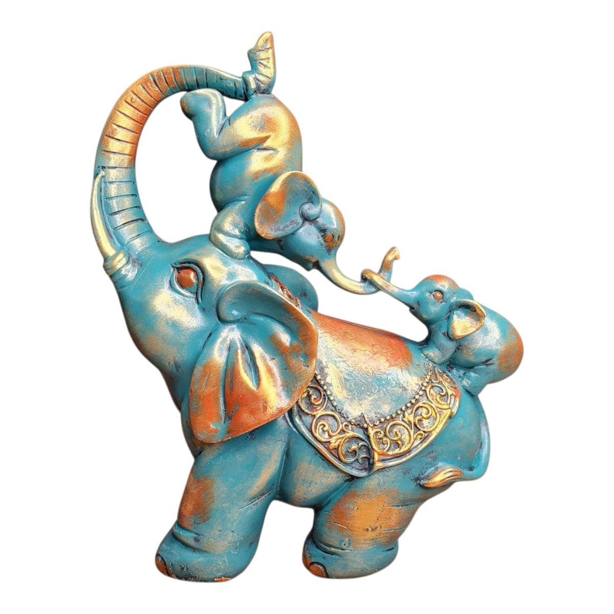 Fiber Resin Mother Elephant with 2 Lovely Babies Home Decor Idol | Blue Gold Decorative Animal Showpiece for Living Room, Bedroom, Office & Gifting | 25x15x30 cm (Regular Quality)