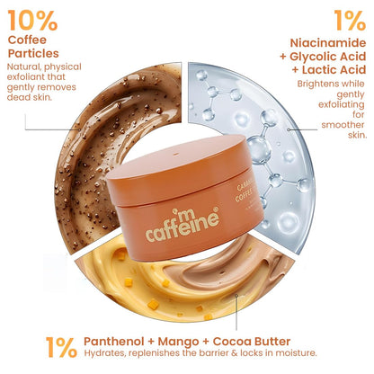 Caffeine skincare product with coffee particles, niacinamide, and other ingredients on a white background.