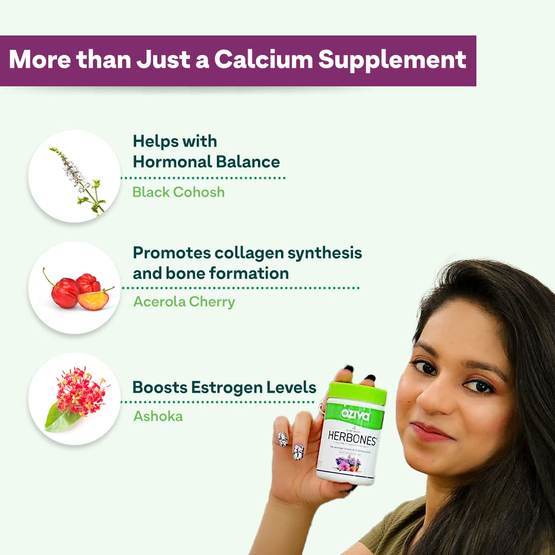 OZiva Plant Based HerBones|Healthy Bones Supplement for Better Bone Health & Bone Strength & Density|With Acerola Cherry & Ashoka for Healthy Bones for Women,Certified Vegan,60 capsules,70 grams