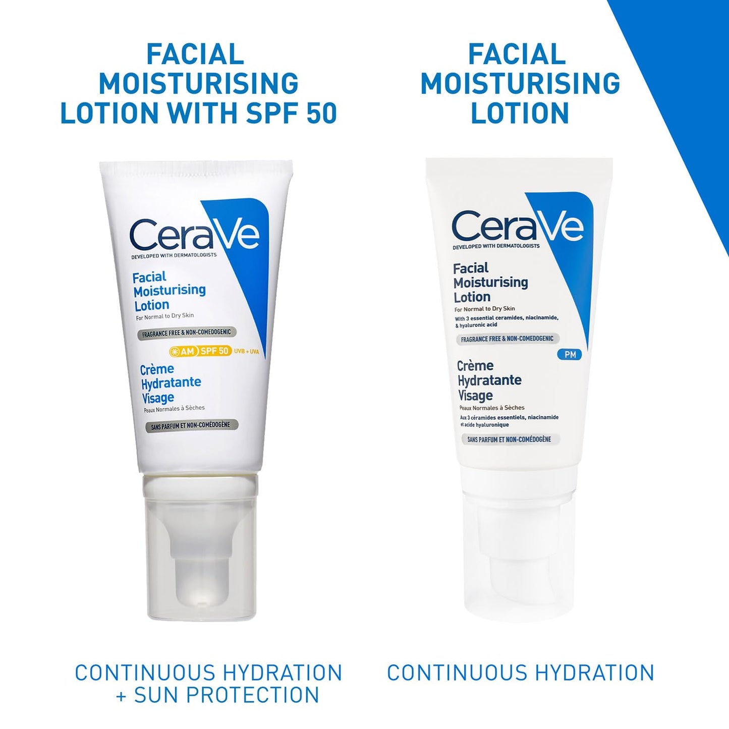 Two bottles of CeraVe facial moisturizing lotion with SPF 50 on a white background.