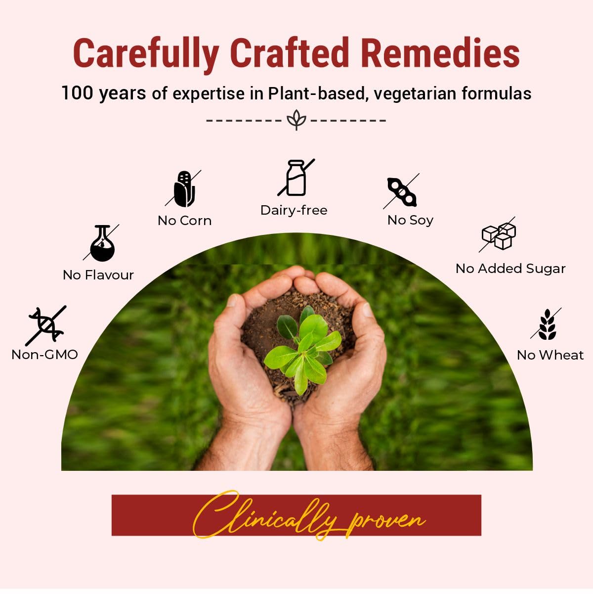 Advertisement for 'Carefully Crafted Remedies' with hands holding a plant, icons, and text about plant-based formulas.