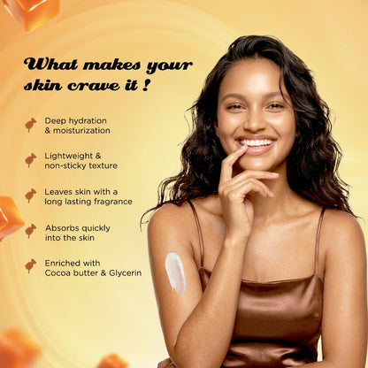 Woman with a product application on her arm against a yellow background with text about skincare benefits.