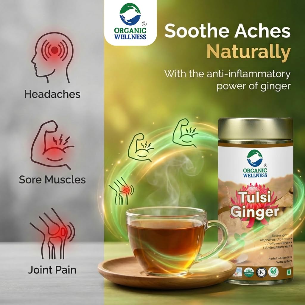 Organic Wellness Tulsi Ginger Herbal Tea 100g Tin | Natural Antioxidant Rich Blend | Supports Digestion | Relieves Stress | Boosts Metabolism | Enhances Immunity | Soothing Refreshing Daily Beverage