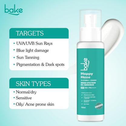 BAKE Happy Haze 100% Mineral Sunscreen SPF 50 PA++++ with 2% Vitamin C, Ceramide | For UV A/B &Blue Light Protection | Lightweight & Non-Greasy Sunscreen | 100ml