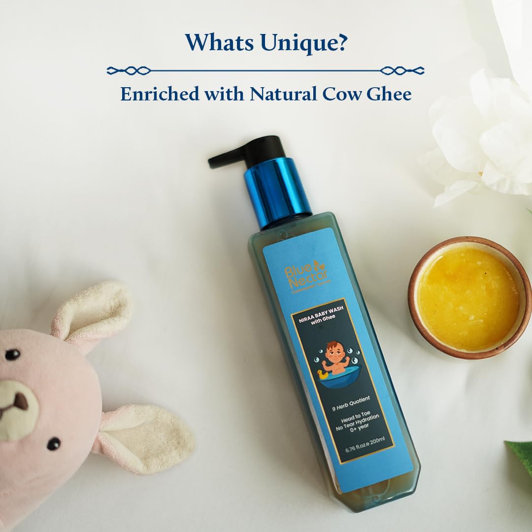 Blue Nectar Baby Wash for Bath with Organic Ghee | Gentle Cleanser Body Wash for Kids | Top to Toe Wash for Baby with Natural Moisturizer (200 ml, 9 Herbs)
