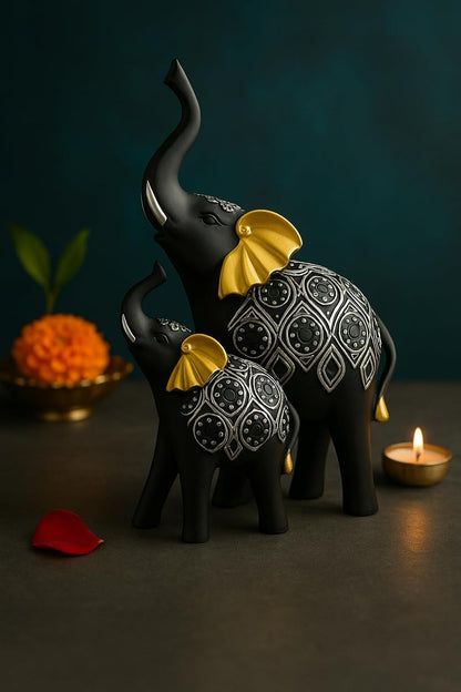 Black Elephant Figurines Showpiece with Silver Carving & Golden Ears | Decorative Resin Elephant Statue on Wooden Base | Good Luck Home Décor Gift for Living Room | Office & Festivals