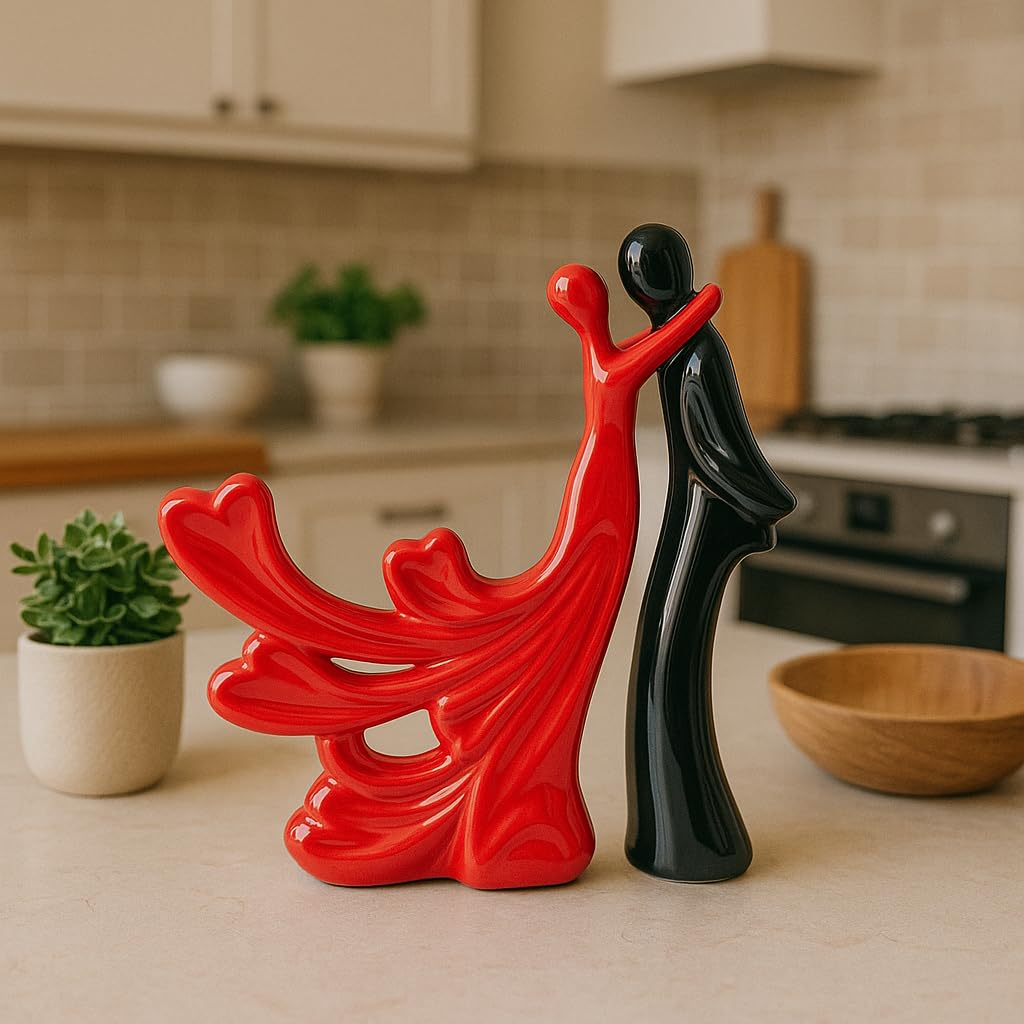 Xtore Passionate Lover Hugging Couple Figure | Beautiful Ceramic Home Decor Statue - (Set of 2, Red & Black)