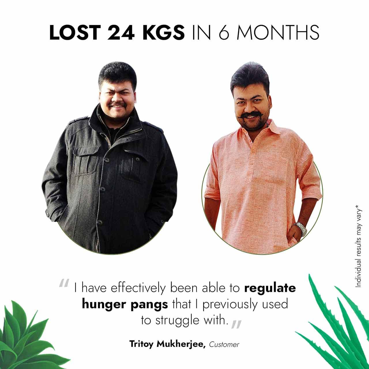 Before and after comparison of a person losing weight, with text about weight loss and a quote from a customer.