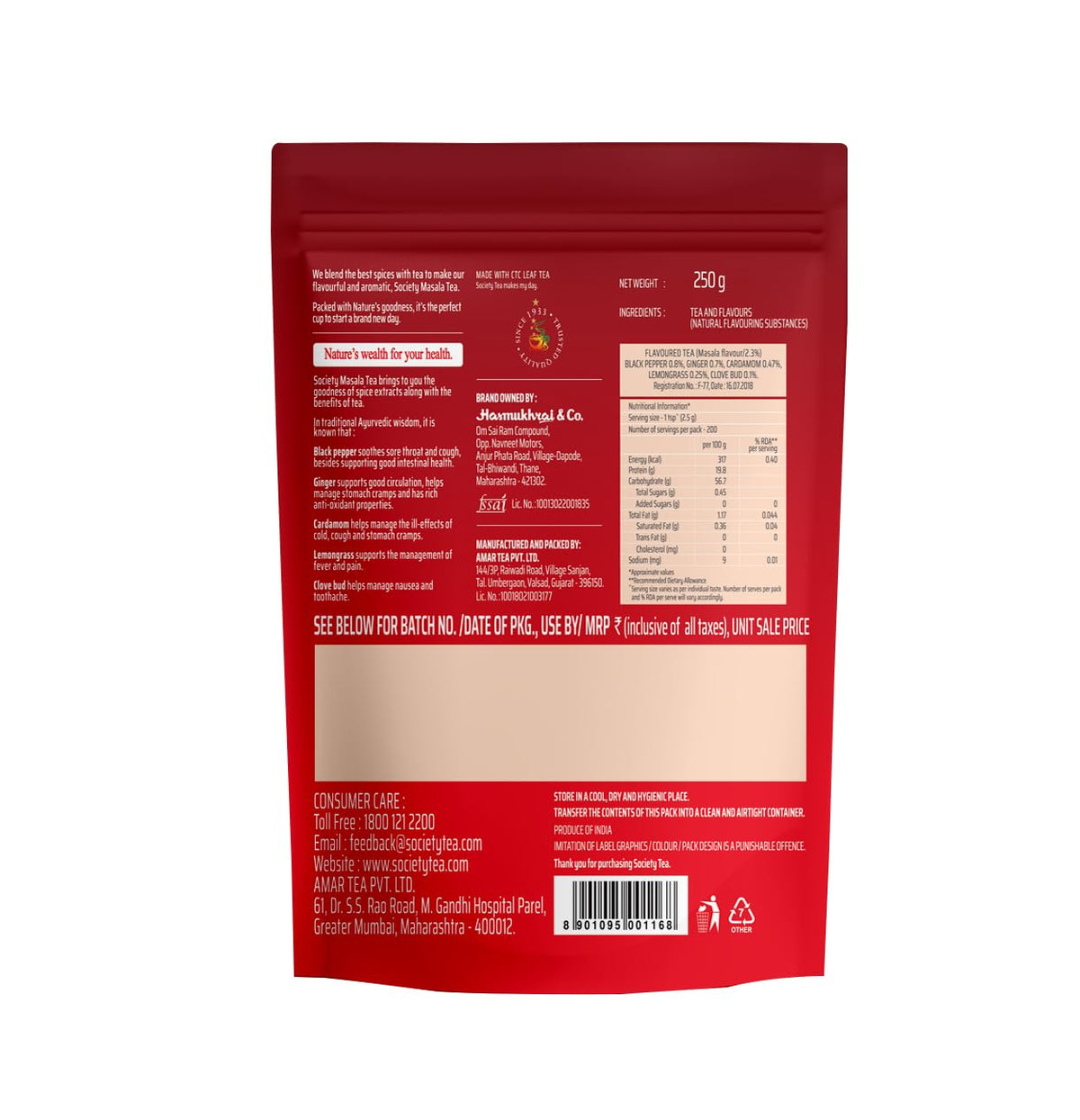 Society Masala Chai — Five-Spice Indian Masala Tea, Real Cardamom Ginger Clove Black Pepper Lemongrass Blended Into Assam CTC, Hasmukhrai & Co. Since 1924 | No Flavouring