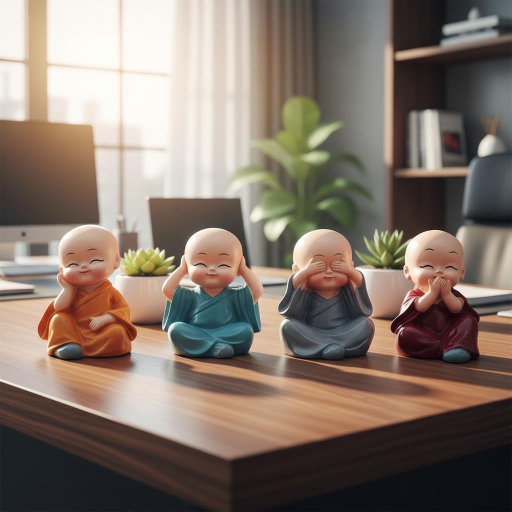 Buddha Monk Statues Set of 4 – Miniature Buddha Monk Statues for Home Decor and Gifts, Multicolour Resin Showpiece for Indoor | Cute Monk Figurines | Ideal Gift for Birthday