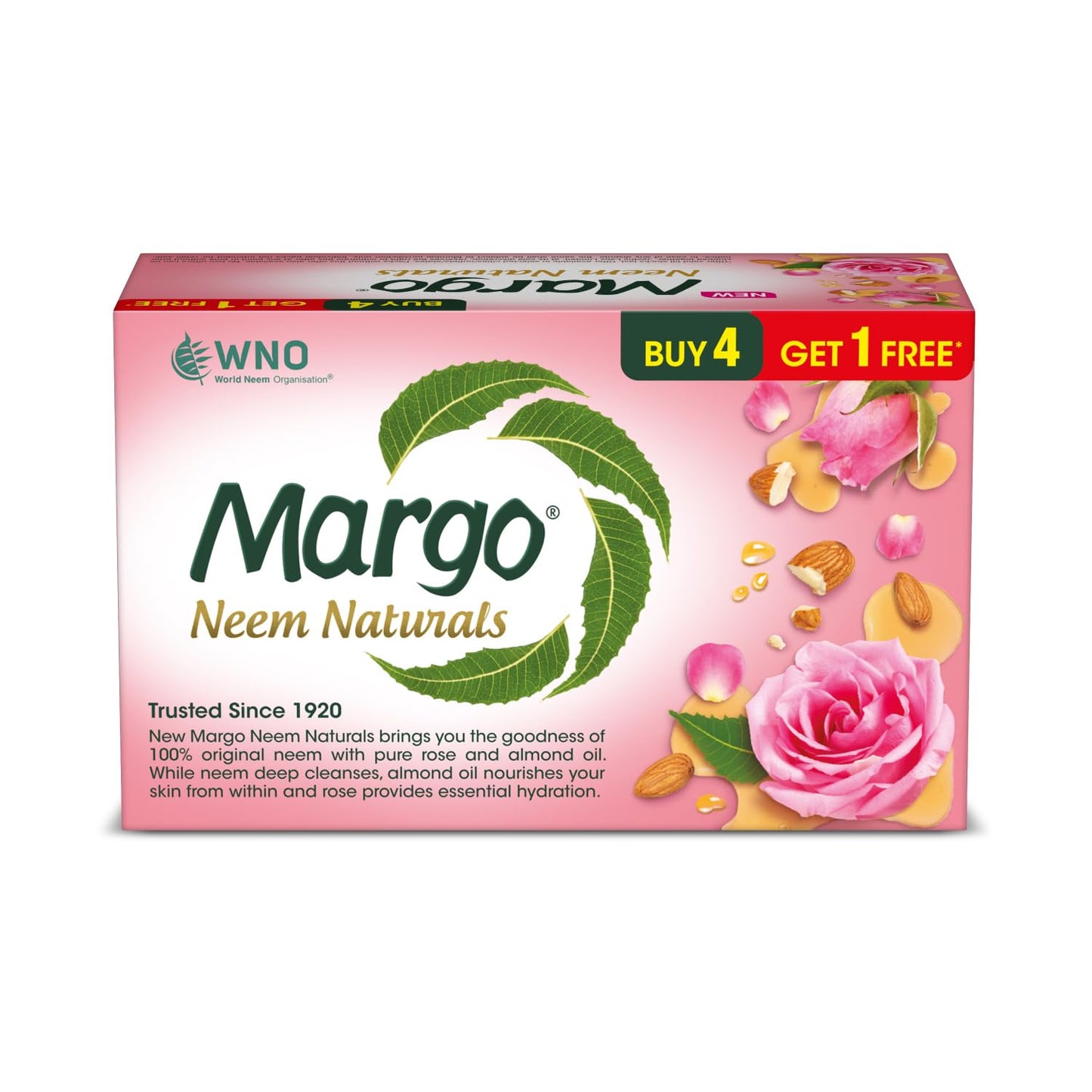 Margo Neem Naturals Soap with Goodness of 1000 Neem Leaves (100gm X Pack of 5) | Enriched With Almond Oil & Rose | Soap for Clear & Radiant Skin [100GM X 5]
