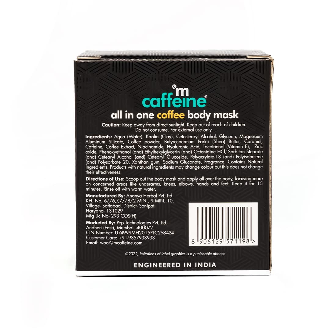 Back of a coffee body mask packaging with branding and text.