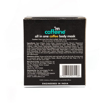 Back of a coffee body mask packaging with branding and text.