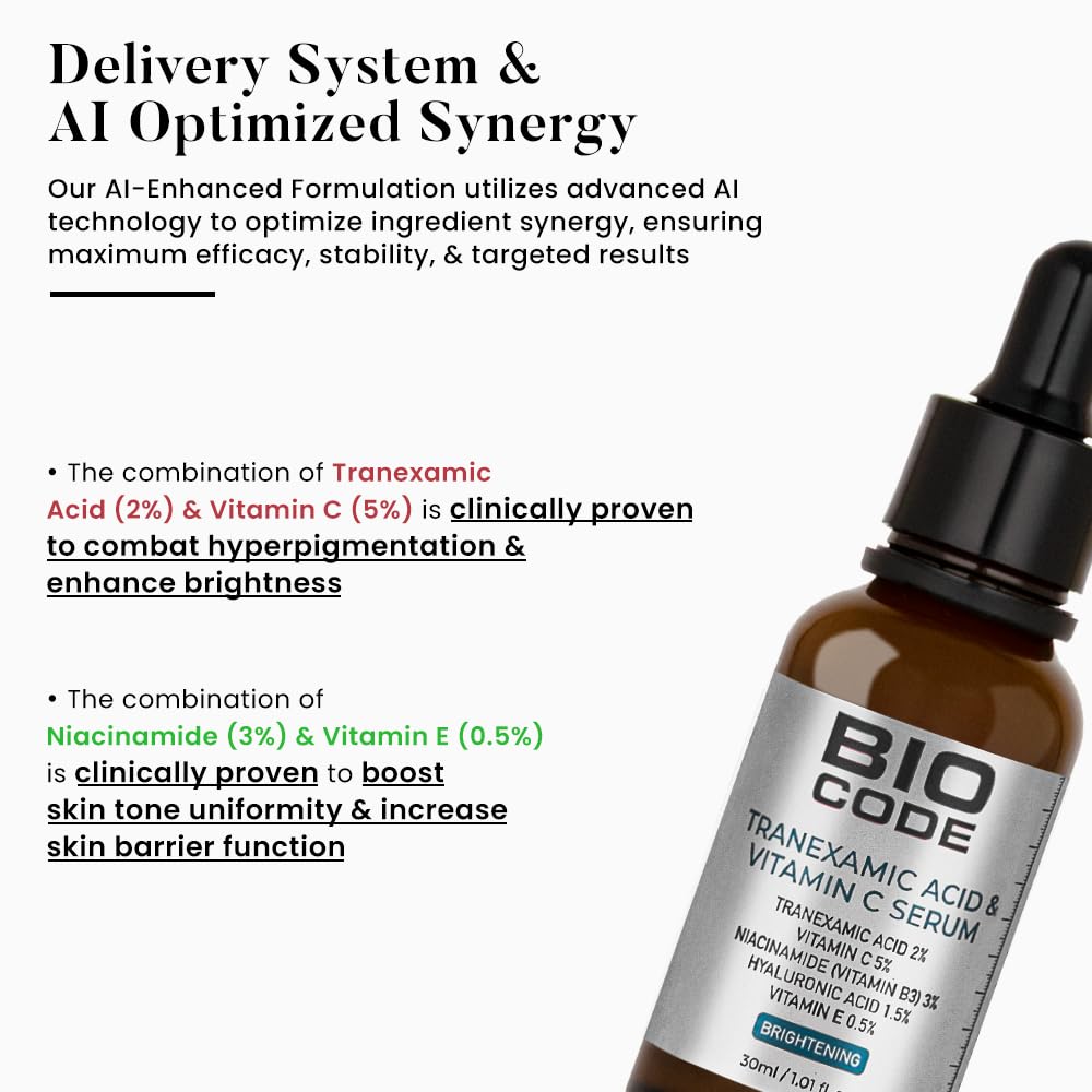 Bio Code 2% Tranexamic Acid & 5% Vitamin C Radiance Renewal Serum (30ml) – with 3% Niacinamide, 1.5% Hyaluronic Acid & 0.5% Vitamin E | Dermatologist Recommended