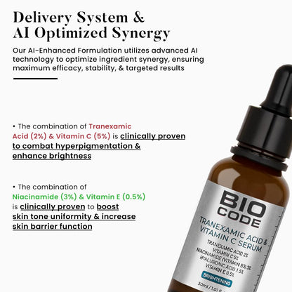 Bio Code 2% Tranexamic Acid & 5% Vitamin C Radiance Renewal Serum (30ml) – with 3% Niacinamide, 1.5% Hyaluronic Acid & 0.5% Vitamin E | Dermatologist Recommended
