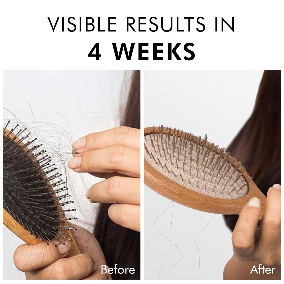 Before and after comparison of a hairbrush with visible hair loss reduction.