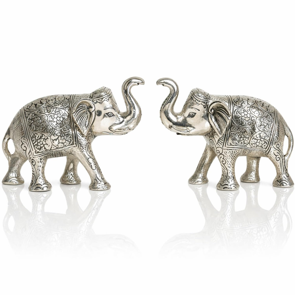 Kalakriti Metal Elephant Statue Small Silver 2 pcs Set Enhance Your Home Car Office Table Article | Animal Decorative Showpiece Figurines for Best Gifting