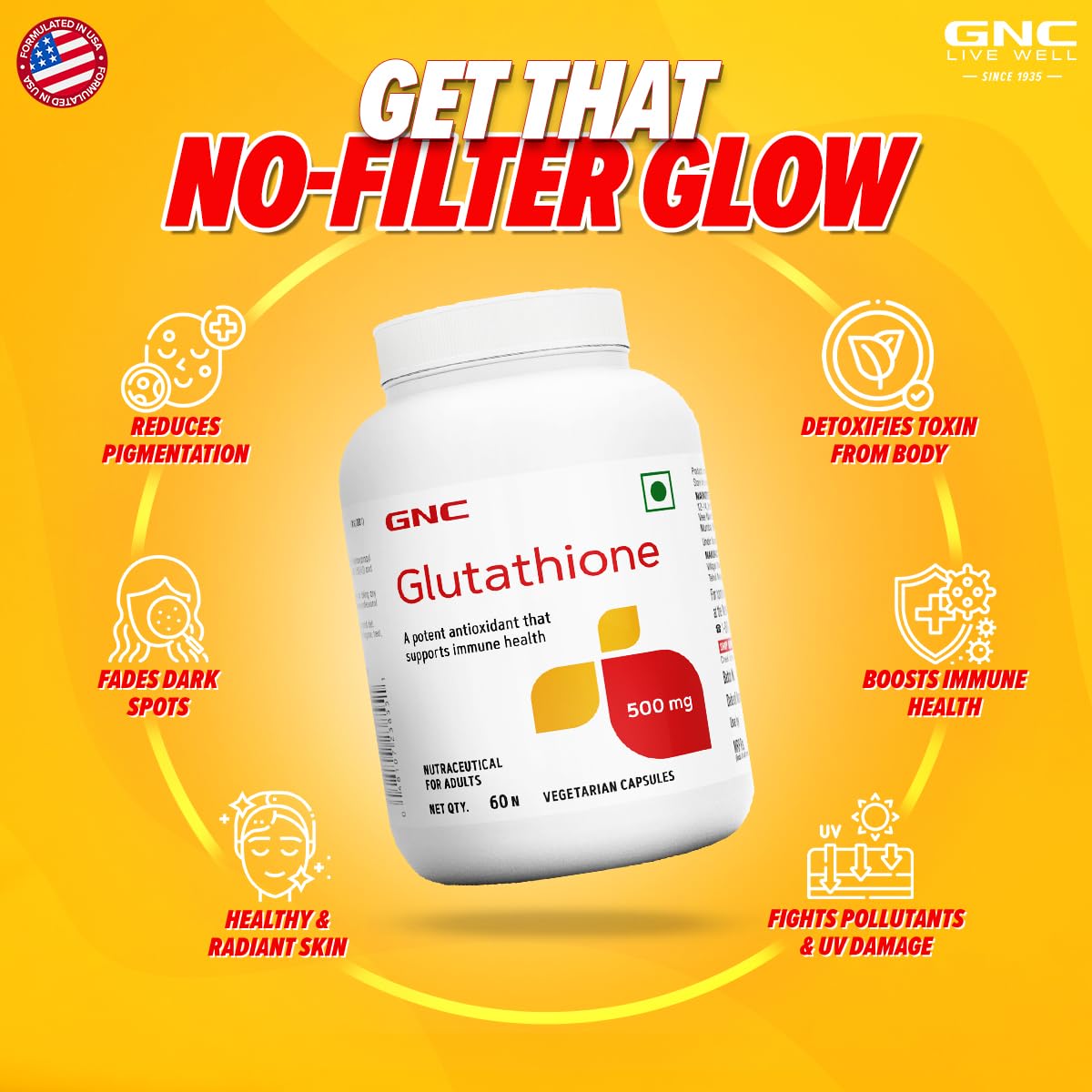 Zephivo GNC Glutathione 500mg With Vitamin C For Clear & Radiant Skin | 60 Veg Capsules | Reduces Dark Spots & Melanin Pigmentation | Boosts Immunity | Fights Pollution & UV Damage | For Men & Women| Formulated In USA