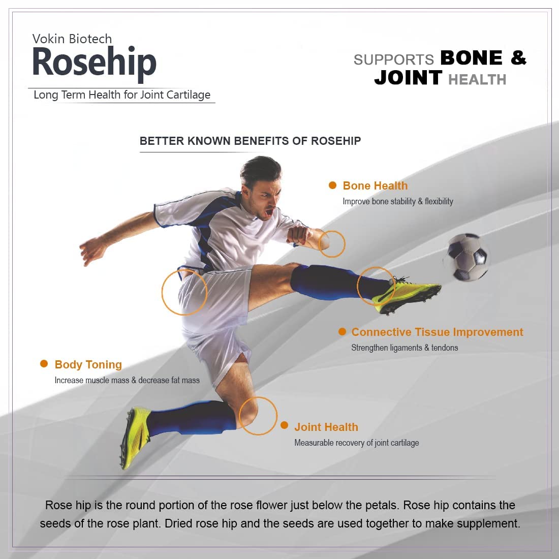 Advertisement for Vokin Biotech Rosehip supplement showing a soccer player and text about benefits.