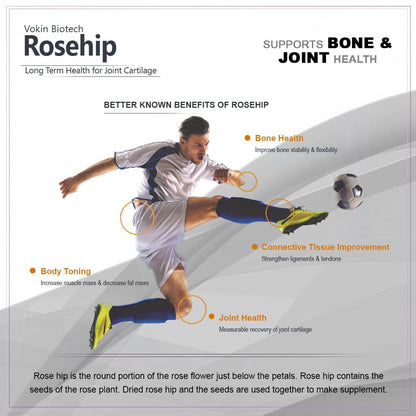Advertisement for Vokin Biotech Rosehip supplement showing a soccer player and text about benefits.