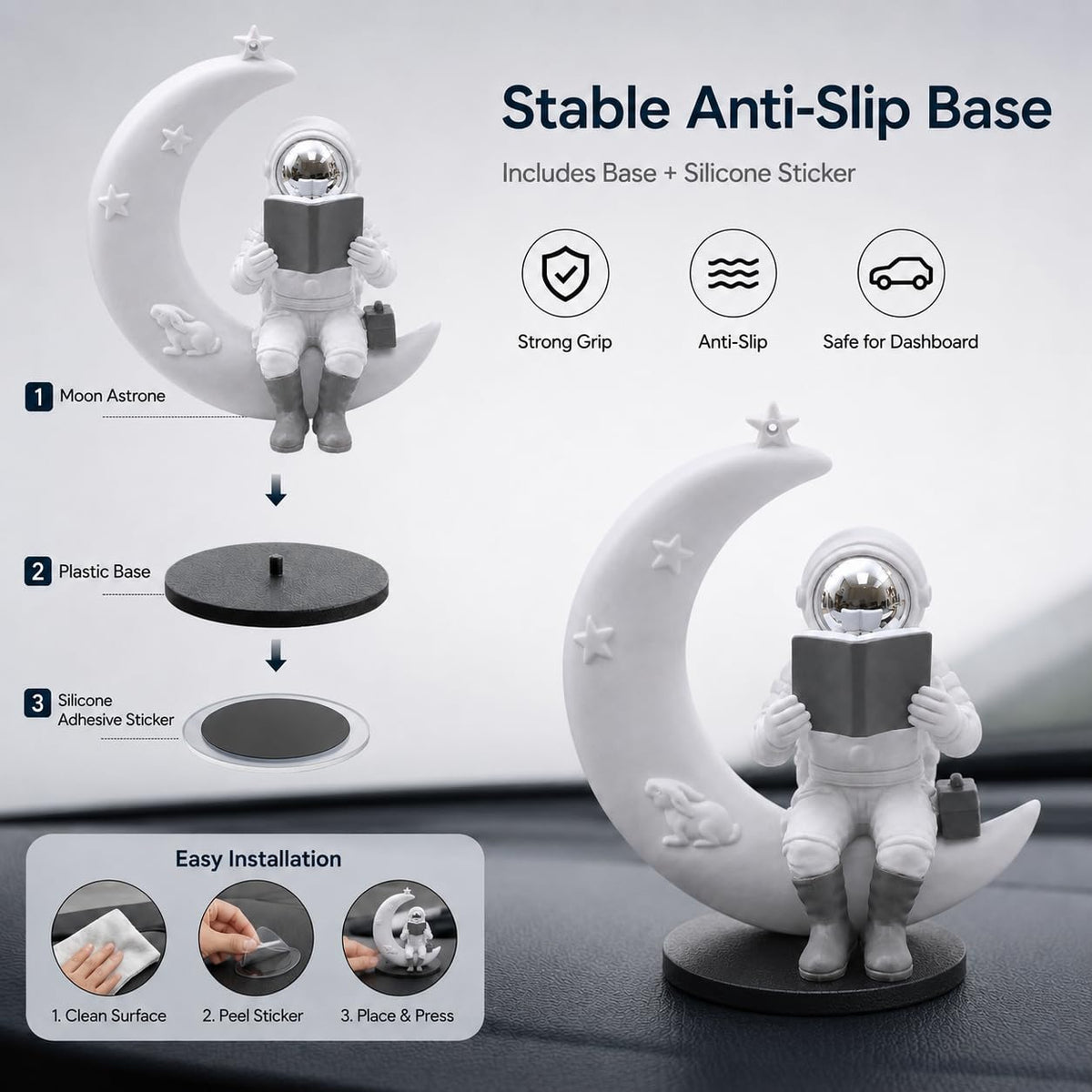 Astronaut Figurine Showpiece for Home Décor, Office Desk, Car Dashboard & Table Decoration | Space Astronaut Statue Collectible Gift for Home, Room & Workspace (Moonstar Silver)