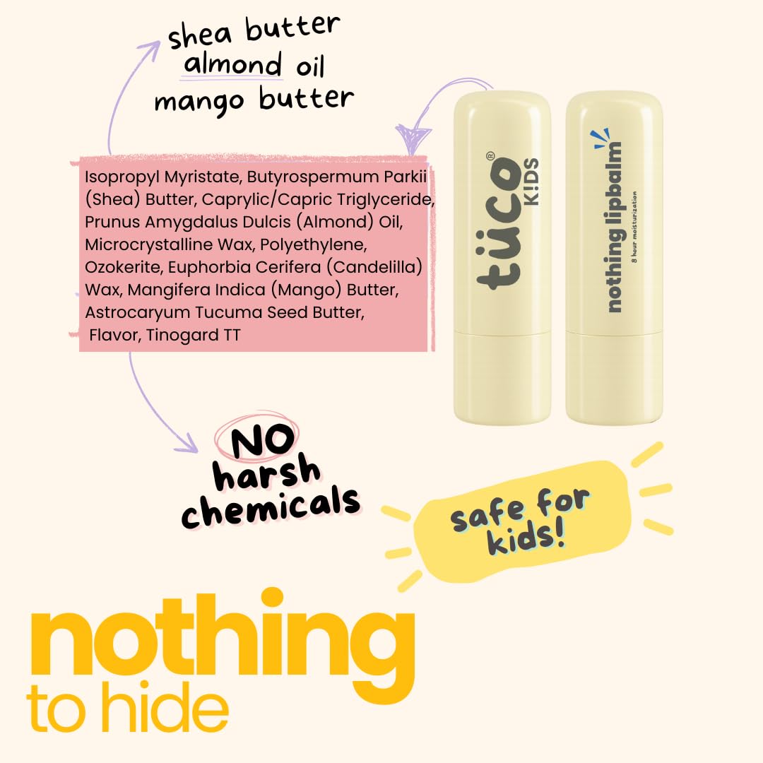 Two lip balms with ingredients list and safety claims on a white background