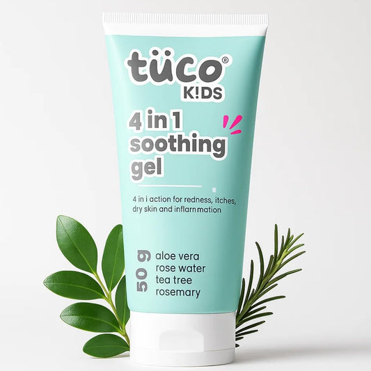 Tube of tuco KIDS 4 in 1 soothing gel with green leaves on a white background